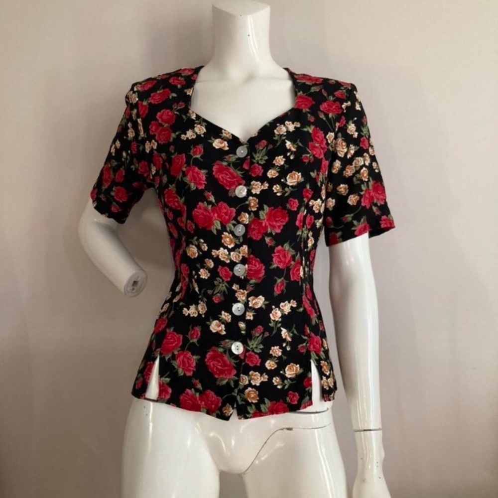 Vintage 90s floral red rose fitted top tie back AKF New York girly feminine